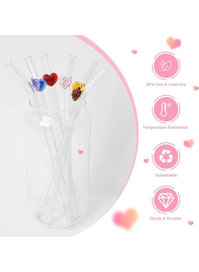 هابي هوم طقم 5 مصاصات زجاجية ملونة قابلة لإعادة الاستخدام بشكل قلب مع فرشاة تنظيف – مصاصات مقوسة مقاومة للكسر للمشروبات الساخنة والباردة مثل القهوة، الكوكتيل، الميلك شيك، السموثي، العصائر – تصميم لطيف وجذاب هدية مثالية - Image 3